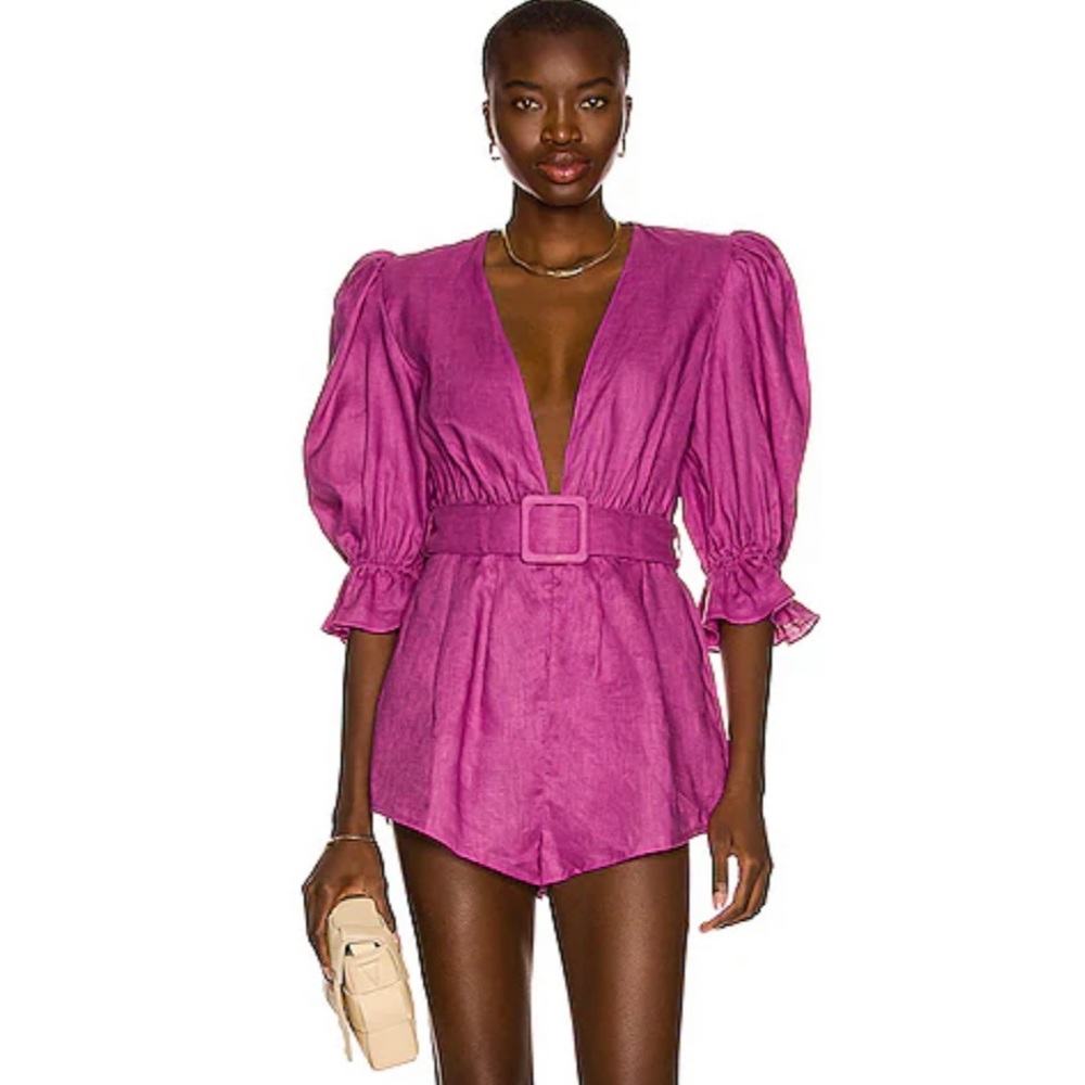 NWT! Adriana Degreas x revolve fuschia linen belted romper